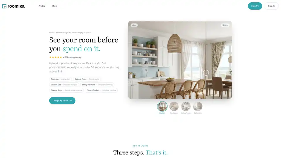 Roomika는 모든 방을 변형시키는 AI 인테리어 디자인 및 가상 스테이징 플랫폼입니다. 사용자는 사진을 업로드하고 스타일 또는 모드를 선택하면 몇 초 안에 사실적인 재설계를 받을 수 있습니다. 재설계, 맞춤 편집, 가상 스테이징 및 제품 배치와 같은 기능을 제공하며, 주택 소유자, 부동산 중개인 및 디자이너에게 이상적입니다.