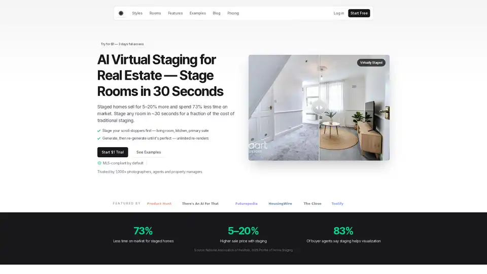 Roomstage AI offers rapid, AI-powered virtual staging for real estate, transforming empty rooms into furnished spaces in ~30 seconds. It helps agents, photographers, and property managers sell homes faster and for higher prices, significantly reducing costs compared to traditional staging.