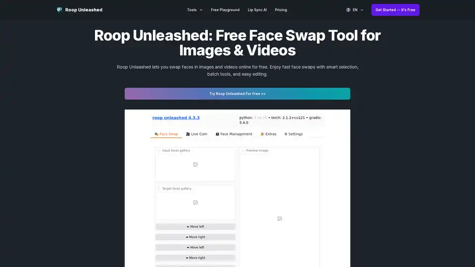 Roop Unleashed ist ein kostenloses browserbasiertes KI-Tool zum Austausch von Gesichtern in Bildern und Videos. Es verfügt über Stapelverarbeitung, intelligente Gesichtsauswahl nach Geschlecht, GFPGAN-Wiederherstellung und Live-Webcam-Integration, ohne dass Software installiert werden muss.