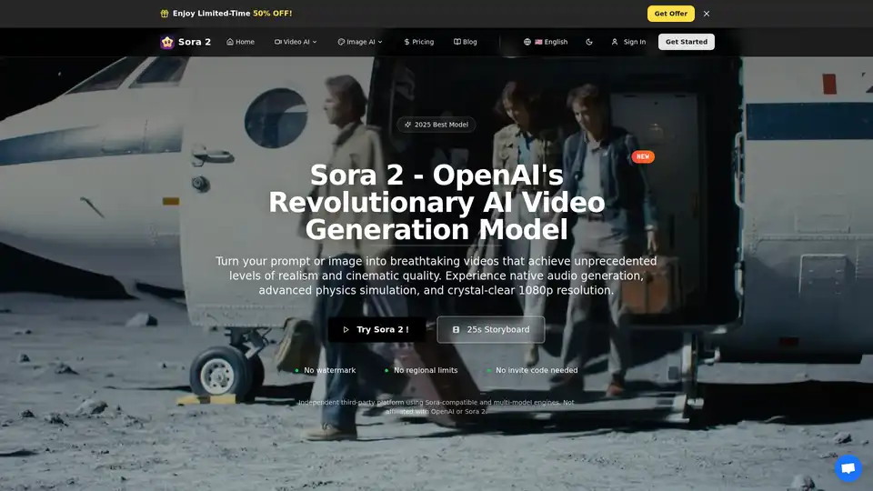 Sora 2 是一个AI视频生成平台，可将文本或图像制作成电影级视频。它提供原生音频、1080p分辨率和25秒多场景故事板等功能，适合创作者和企业使用。