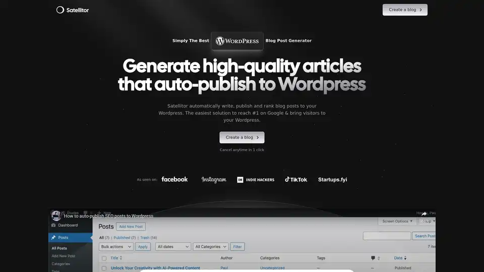 Satellitor ist ein KI-gestütztes Tool, das die Erstellung von SEO-Blogs für WordPress automatisiert, hochwertige Inhalte generiert und automatisch veröffentlicht, um das Ranking zu verbessern.