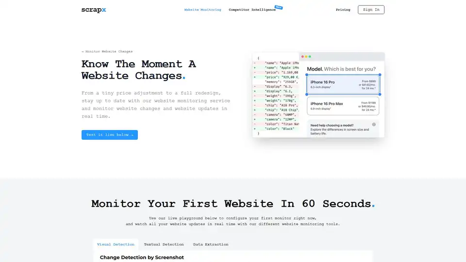 ScrapX é um serviço de monitoramento de sites com IA que rastreia mudanças em tempo real (visuais, textuais, dados) sem código. Ajuda a obter inteligência competitiva, otimizar SEO e automatizar extração de dados.