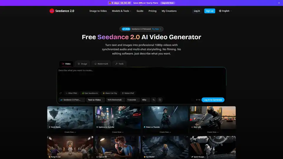 Seedance 2.0 是一款一体化免费AI视频生成器，能将文本和图像转化为专业的1080p同步音频视频。它提供文本转视频、图像转视频、参考引导生成和浏览器内视频编辑功能，让所有创作者无需专业软件也能轻松制作复杂视频。
