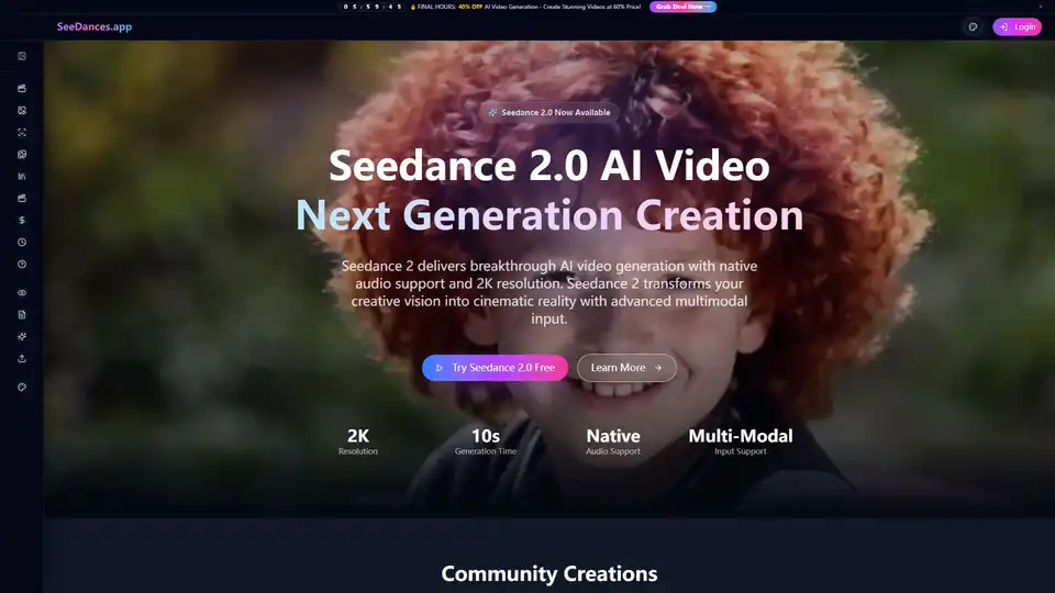 Seedance 2.0 is an AI video generator that transforms text prompts or images into stunning 2K resolution, cinematic videos with native audio support. It offers multimodal input, fast generation, and advanced control for creators to realize their vision.