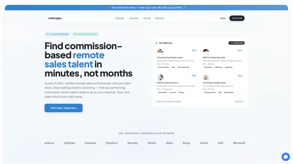 sellerpipe é uma plataforma alimentada por IA que ajuda empresas a encontrar e contratar rapidamente talentos de vendas remotos baseados em comissão. Com acesso a mais de 5,000 profissionais de vendas verificados, sellerpipe utiliza correspondência de IA para conectar negócios com talentos de vendas de alto desempenho em minutos, não meses.