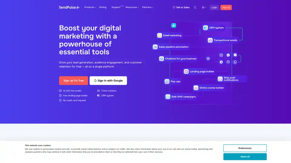 SendPulse is a multi-channel marketing automation platform that combines email, web push, SMS, and chatbots for various platforms. It offers tools for lead generation, engagement, and customer retention, including a free plan.
