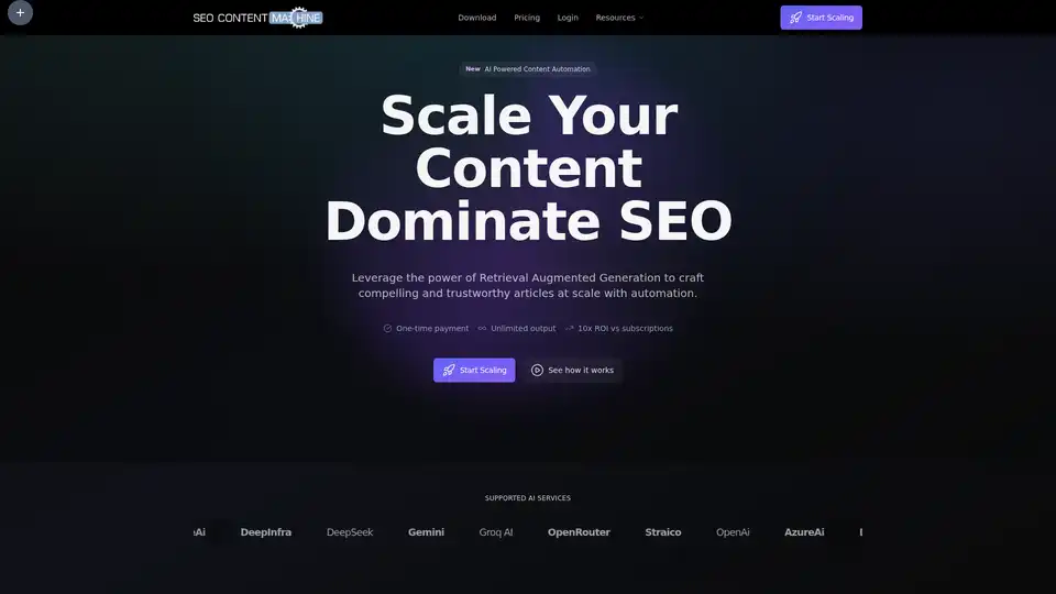 SEO Content Machine is an AI-powered tool that uses Retrieval-Augmented Generation (RAG) to automate content creation, competitor scraping, and bulk content generation for SEO optimization.