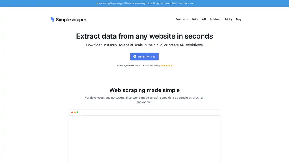 Simplescraper is a web scraping tool that simplifies data extraction. It offers a Chrome extension and cloud platform to turn websites into structured data and LLM-ready content, accessible via a no-code dashboard or API.
