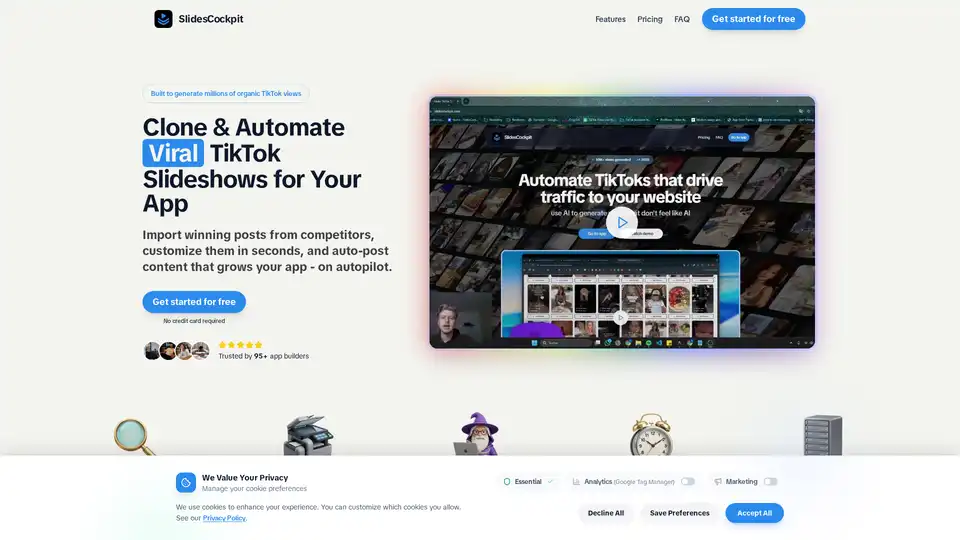 SlidesCockpit is a marketing automation tool designed for app developers and growth marketers. It allows users to clone viral TikTok slideshows using a Chrome extension, customize content with AI avatars and text, and automate scheduling across multiple accounts to drive organic app installs.
