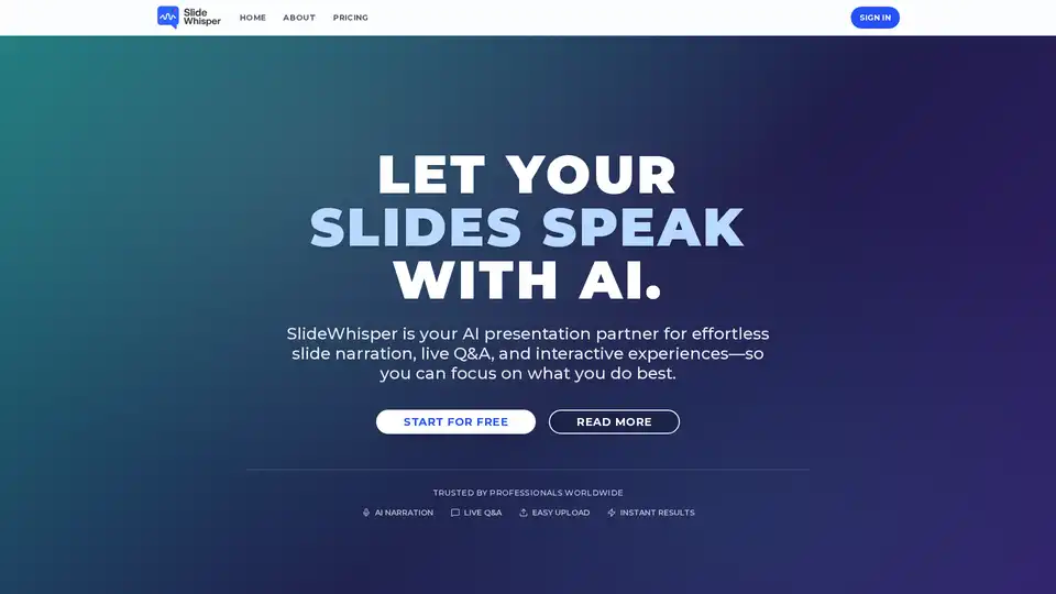 SlideWhisper 使用 AI 将您的 PDF 或 Google 幻灯片演示文稿转化为完全旁白的互动演示。它具有自然的语音旁白、与会者可通过语音提问的实时问答功能，以及用于跟踪观众参与度的详细分析。