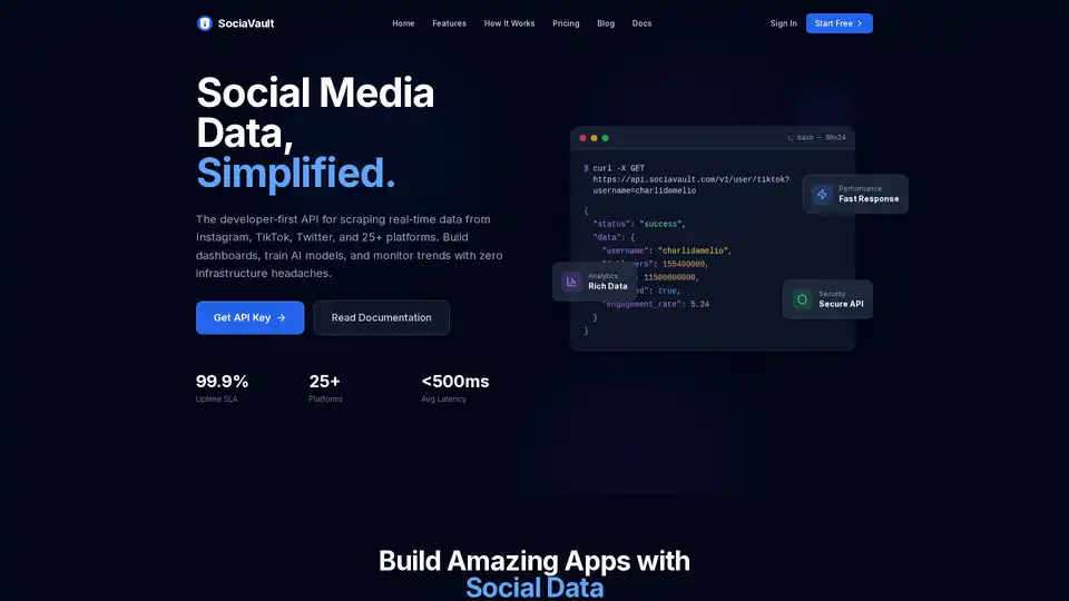 SociaVault는 25개 이상의 플랫폼에서 실시간 소셜 미디어 데이터를 추출하기 위한 개발자 우선 API입니다. 분석, AI/ML 애플리케이션 및 시장 조사에 투명한 가격과 속도 제한 없이 지원합니다.