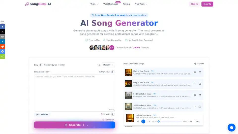 SongGuru.AI ist ein leistungsstarker KI-Song-Generator, der professionelle, 100% lizenzfreie Musik in Sekunden aus Textbeschreibungen oder benutzerdefinierten Songtexten erstellt. Mit mehreren KI-Modellen (V4, V4.5, V5) und Genres ist es perfekt für Content-Ersteller, Produzenten und jeden, der schnell einzigartige Musik erstellen möchte.