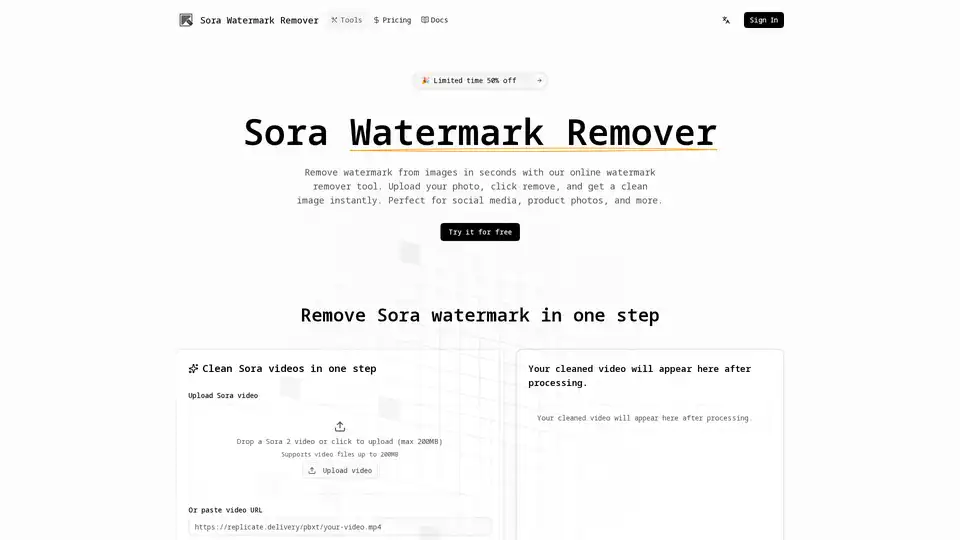 Sora Watermark Remover est un outil en ligne alimenté par l'IA qui supprime automatiquement les filigranes des vidéos générées par Sora. Il dispose d'un traitement en un clic, d'un suivi dynamique de filigranes et d'un inpainting IA contextuel, garantissant une sortie propre et de haute qualité sans édition manuelle.
