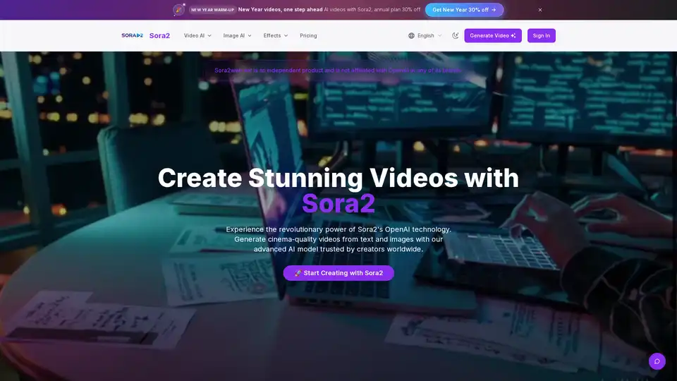 Sora2是一款由OpenAI技术驱动的先进AI视频生成器，可从文本和图像生成电影级视频。它具有真实的物理模拟、角色一致性，并支持多种纵横比。