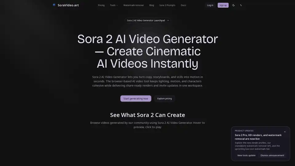 Sora 2 AI Video Generator is a browser-based tool on SoraVideo.art that transforms text, images, and storyboards into cinematic videos with high-fidelity motion and lighting. It offers fast rendering, 4K export, style presets, and invite management, streamlining the workflow for creators and marketing teams.