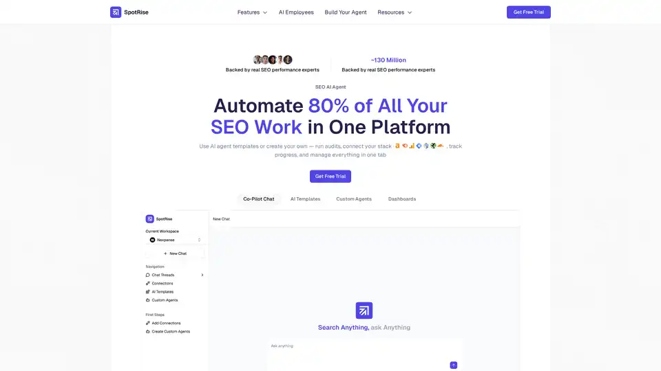 SpotRise is an SEO AI Agent platform that automates 80% of SEO tasks. It allows users to build AI agents to run audits, connect tools, track progress, and manage SEO workflows in one platform. Key features include AI templates, custom agents, and real-time dashboards.