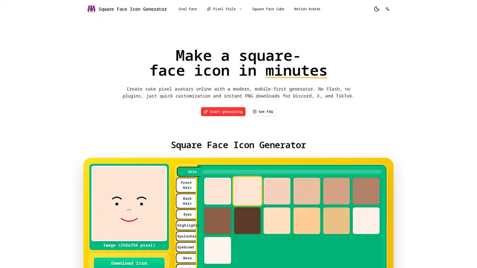 Square Face Icon Generator은 맞춤형 정사각형 얼굴 아이콘을 만들기 위한 무료 브라우저 기반 픽셀 아바타 메이커입니다. 실시간 미리보기, 원클릭 랜덤화, 즉시 PNG 내보내기를 제공하며 플러그인 없이 모든 기기에서 작동합니다. Discord, TikTok, X 프로필 아이콘 및 UI 플레이스홀더에 적합합니다.