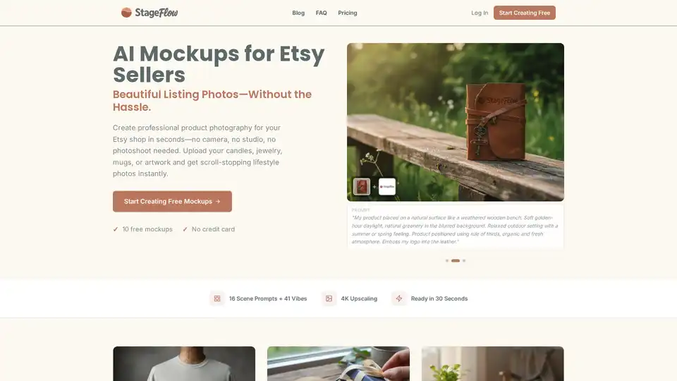 Stageflow는 Etsy 판매자를 위해 설계된 AI 기반 목업 생성기입니다. 카메라나 디자인 기술 없이도 다양한 물리적 제품에 대한 전문적인 제품 사진 및 라이프스타일 목업을 빠르게 생성하여 목록 생성 과정을 간소화합니다.