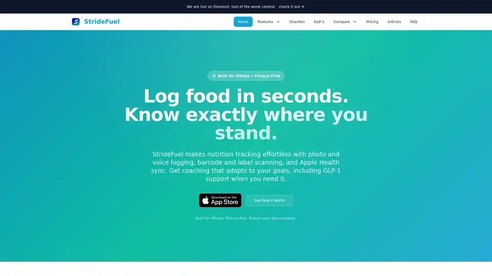 StrideFuel is an AI-powered nutrition tracking app for iPhone that simplifies meal logging through photo, voice, and barcode scanning. It features personalized AI coaching, specific support for GLP-1 medication users, and seamless Apple Health integration to provide accurate health insights.