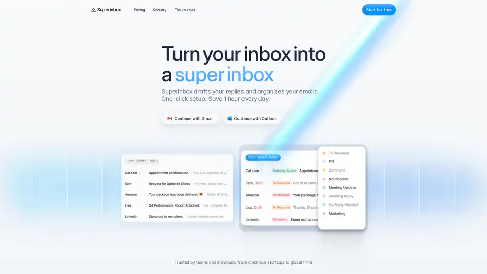 Superinbox est un assistant email IA qui rédige des réponses dans votre style d'écriture, s'intègre à Gmail et Outlook, et économise 2+ heures par jour.