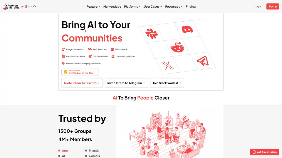 Super Intern es un asistente impulsado por IA diseñado para integrarse sin problemas en chats grupales, proporcionando herramientas de soporte, automatización y participación para comunidades, equipos y eventos.