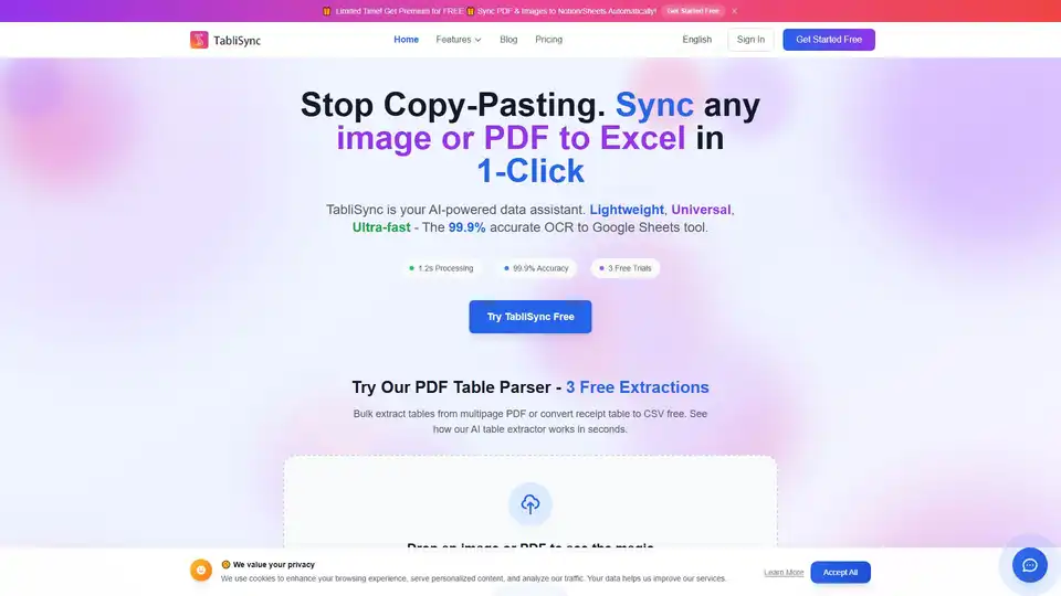 TabliSync is an AI-powered tool that converts images and PDFs into editable Excel sheets with 99.9% accuracy in seconds. It automates data entry, syncs with popular tools like Google Sheets and Notion, and helps analyze complex data for faster insights and reporting.