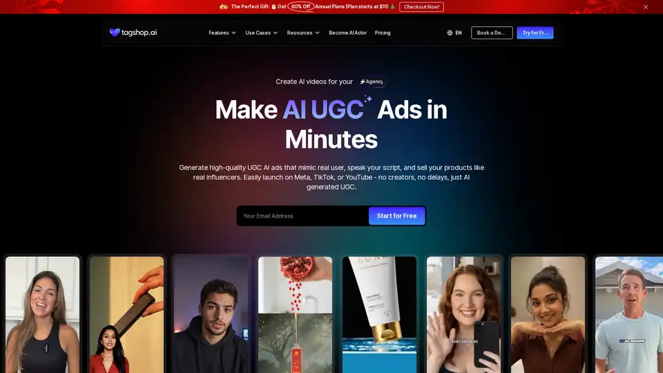 Tagshop AI is an AI-powered UGC video generator that creates hyper-realistic video ads with AI actors. It supports various use cases like ads, social media, and campaigns, offering features like URL to video, AI avatars, and voice cloning.