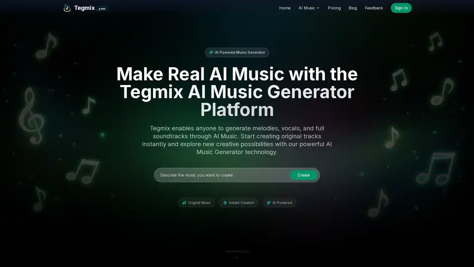 Tegmix는 크리에이터가 오리지널 멜로디, 보컬 및 전체 사운드트랙을 즉시 제작할 수 있도록 지원하는 AI 음악 생성 플랫폼입니다. 초보자, 콘텐츠 제작자 및 음악 애호가를 위해 음악 제작을 간소화하며, 노래, 가사 및 비디오 생성 도구를 모두 로열티 프리로 제공합니다.
