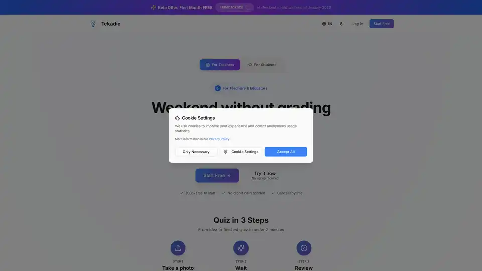 Tekadio是一款面向教师的AI工具，可在2分钟内根据多种输入（文本、PDF、图像）生成测验。它能自动评分（包括自由文本答案）并提供学生分析，节省数小时的工作时间。