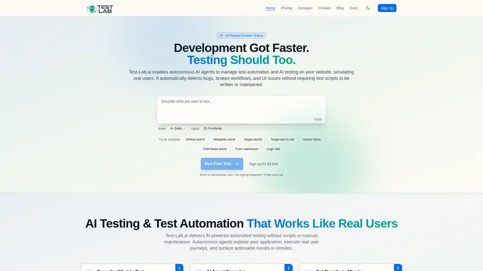 Test-Lab.ai is an AI-powered platform for autonomous web application testing. It uses AI agents to simulate real users, automatically detect bugs, and validate workflows and UI issues without needing test scripts or manual maintenance, accelerating QA for modern development teams.