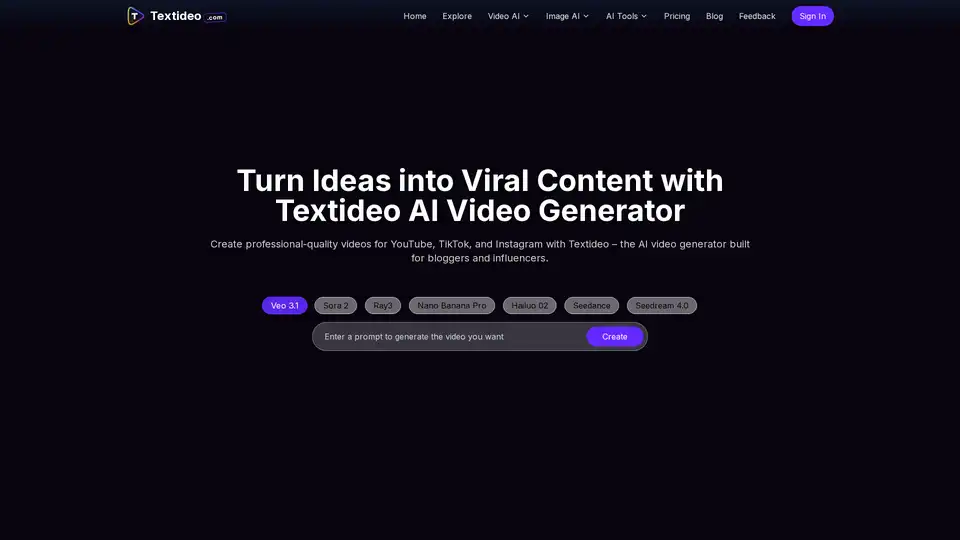 Textideo is an AI video generator that helps content creators and influencers create professional-quality videos for platforms like YouTube, TikTok, and Instagram using text or images.
