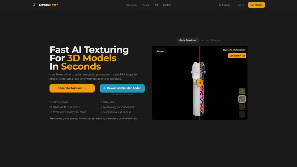 TextureFast is an AI-powered tool that generates production-ready PBR textures for 3D models in seconds. It simplifies the texturing workflow for game developers, 3D artists, and designers, offering various styles and commercial use licenses.