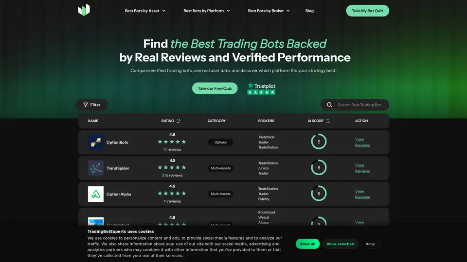 TradingBotExperts is a platform that provides verified reviews and performance data for AI-powered trading bots, helping traders make informed decisions for crypto, stocks, forex, and more.