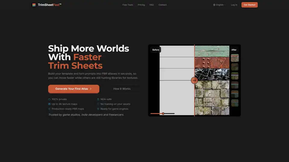 TrimSheetFast is an AI tool that creates production-ready trim sheet texture atlases from prompts. It speeds up game dev workflows for Unity, Unreal, and Blender users.