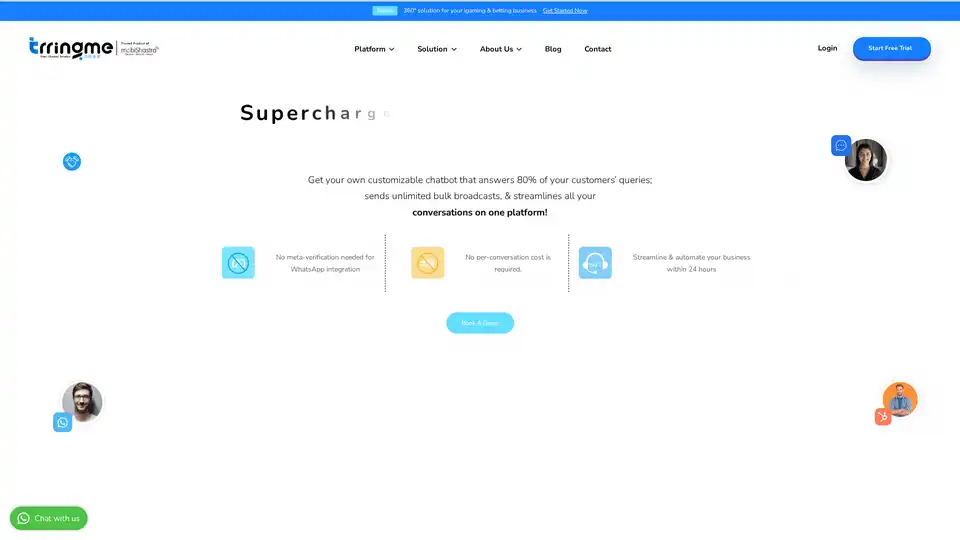 Trringme es una plataforma omnicanal que ofrece una solución WhatsApp Business con chatbots personalizables, transmisiones ilimitadas y conversaciones optimizadas para mejorar la experiencia del cliente.