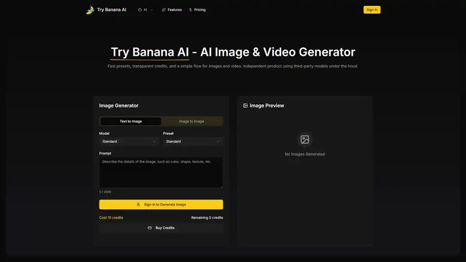 Try Banana AI is an all-in-one AI image and video generator offering a streamlined, preset-first workflow for creators. It enables quick content creation from text or images, with transparent credit usage and organized history, perfect for efficient marketing and creative projects.