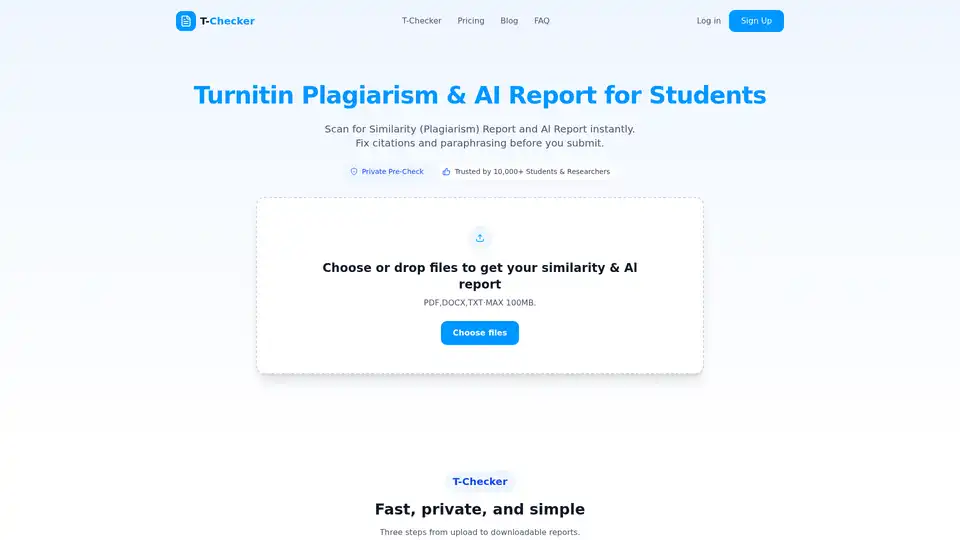 T-Checker is a private, fast, and secure online tool for students and researchers to pre-check their academic papers for similarity (plagiarism) and AI-generated content using Turnitin's technology, ensuring academic integrity without storing submissions in a public repository.