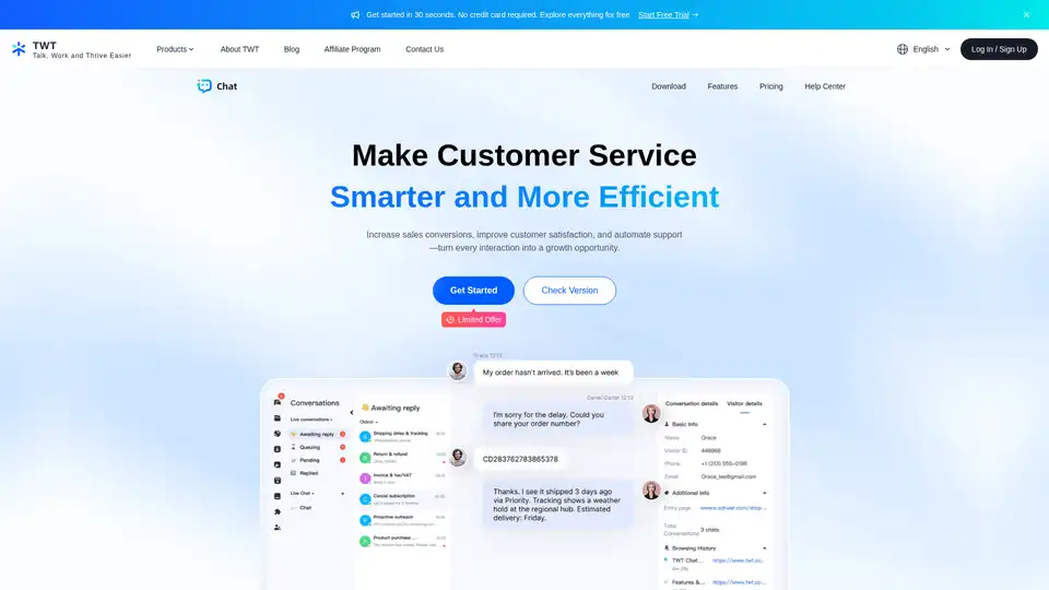 TWT Chat is an AI-powered live chat platform offering omnichannel support, real-time translation, and AI-human collaboration to boost sales and automate customer service globally.