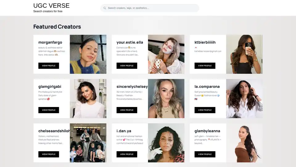 UGC VERSE est une plateforme gratuite conçue pour aider les marques à découvrir et à se connecter avec des créateurs de contenu généré par les utilisateurs (UGC). Elle propose un annuaire consultable de créateurs dans des niches comme la beauté, la mode et le mode de vie, simplifiant ainsi le processus de marketing d'influence.