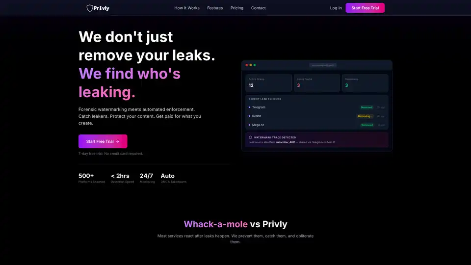 Privly는 크리에이터를 위한 포괄적인 콘텐츠 보호를 제공하며, 포렌식 워터마킹, 500개 이상의 플랫폼에 대한 자동 유출 스캔, AI 딥페이크 감지 및 즉각적인 DMCA 삭제를 활용하여 유출자를 식별하고 도난당한 콘텐츠를 제거하며 손실된 수익을 회복합니다。