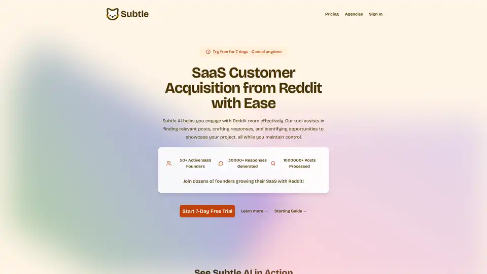 Subtle AI 自动化 Reddit 营销，查找相关帖子，生成个性化回复，并帮助您有效地参与。通过 AI 驱动的 Reddit 互动节省时间并发展您的业务。