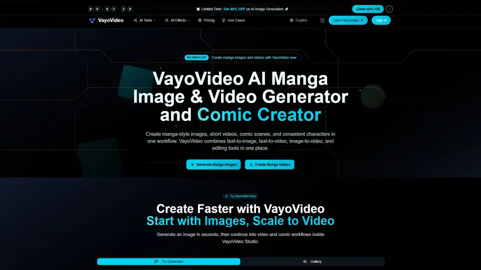 VayoVideo is an AI-powered tool for generating manga-style images, short videos, and comic scenes with consistent characters. It integrates text-to-image, text-to-video, and editing features for a streamlined creative workflow.