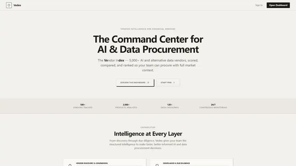 Vedex is an intelligence platform for financial services, enabling hedge funds, asset managers, and procurement teams to discover, compare, and evaluate over 5,000 AI and alternative data vendors. It provides insights on pricing, compliance, and AI readiness to optimize data procurement.