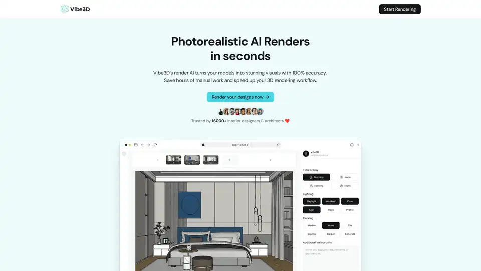 Vibe3D is an AI-powered platform that transforms 3D models into photorealistic renders in seconds. Trusted by interior designers and architects, it offers one-click rendering, smart prompt suggestions, and compatibility with various tools.
