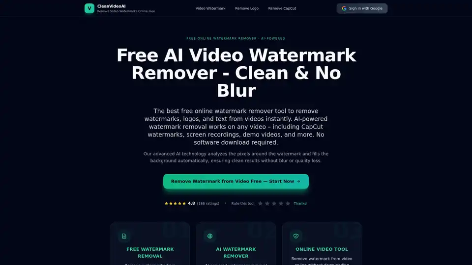 CleanVideoAI는 고급 AI를 사용하여 품질 저하 없이 동영상에서 워터마크, 로고 및 텍스트를 즉시 제거하는 무료 온라인 도구입니다. 소프트웨어 설치나 로그인이 필요 없으며 HD 내보내기를 지원하고 CapCut 워터마크 및 화면 녹화 제거에 특화되어 있습니다.