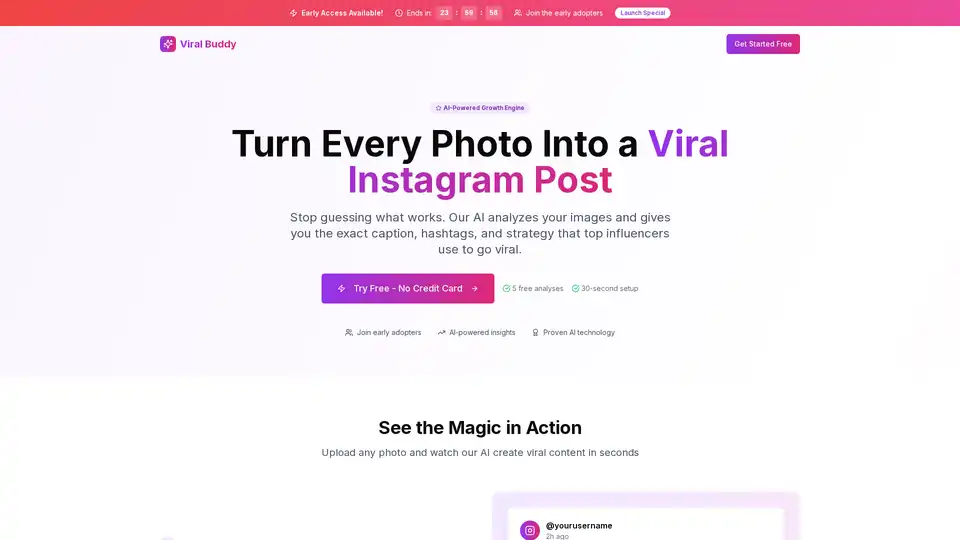 Viral Buddy is an AI-powered Instagram growth engine that analyzes your photos and provides captions, hashtags, and strategies to help you create viral content.