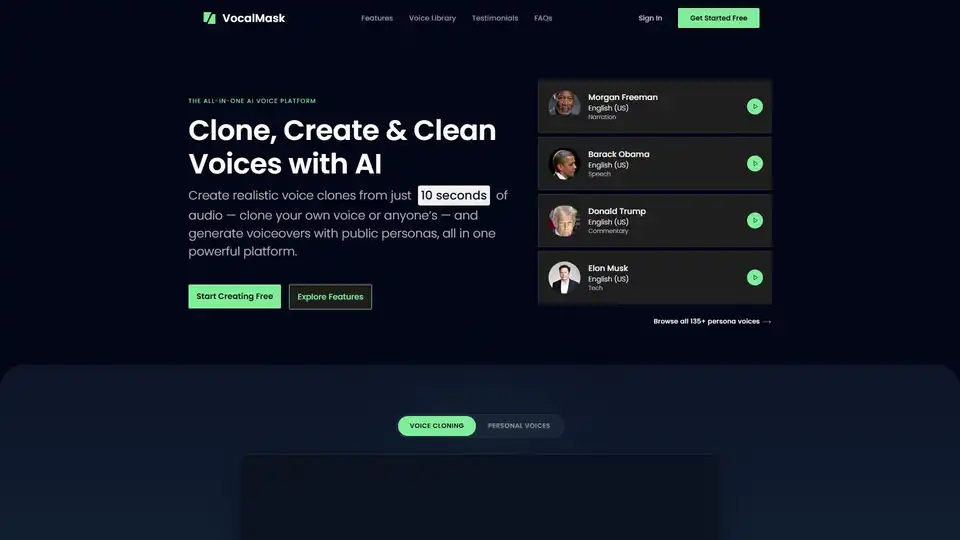 VocalMask is an all-in-one AI voice platform for cloning voices, generating voiceovers with 135+ personas, and cleaning audio. Create realistic voice content in minutes for narration, videos, and podcasts.