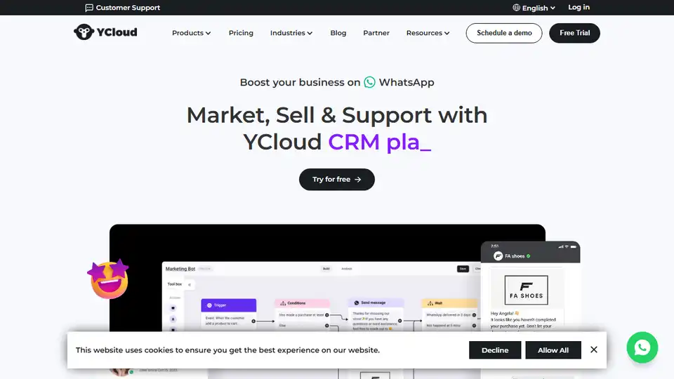 YCloud offers a WhatsApp business solution for marketing, sales, and customer support, leveraging the WhatsApp Business API.