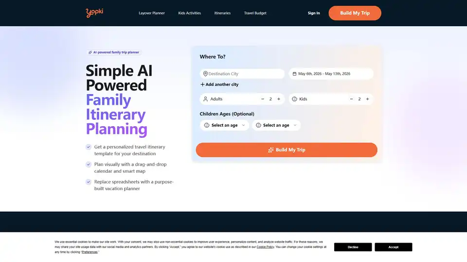 Yopki is an AI-powered family trip planner that generates personalized itineraries in seconds. It features a drag-and-drop calendar, smart map visualization, and budget tracking to simplify vacation planning for parents.