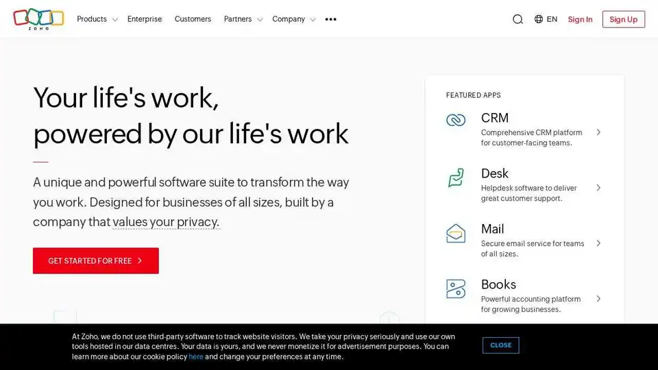 Zoho 是一款适用于各种规模企业的云软件套件，提供 55+ 个应用程序，满足端到端的业务需求。